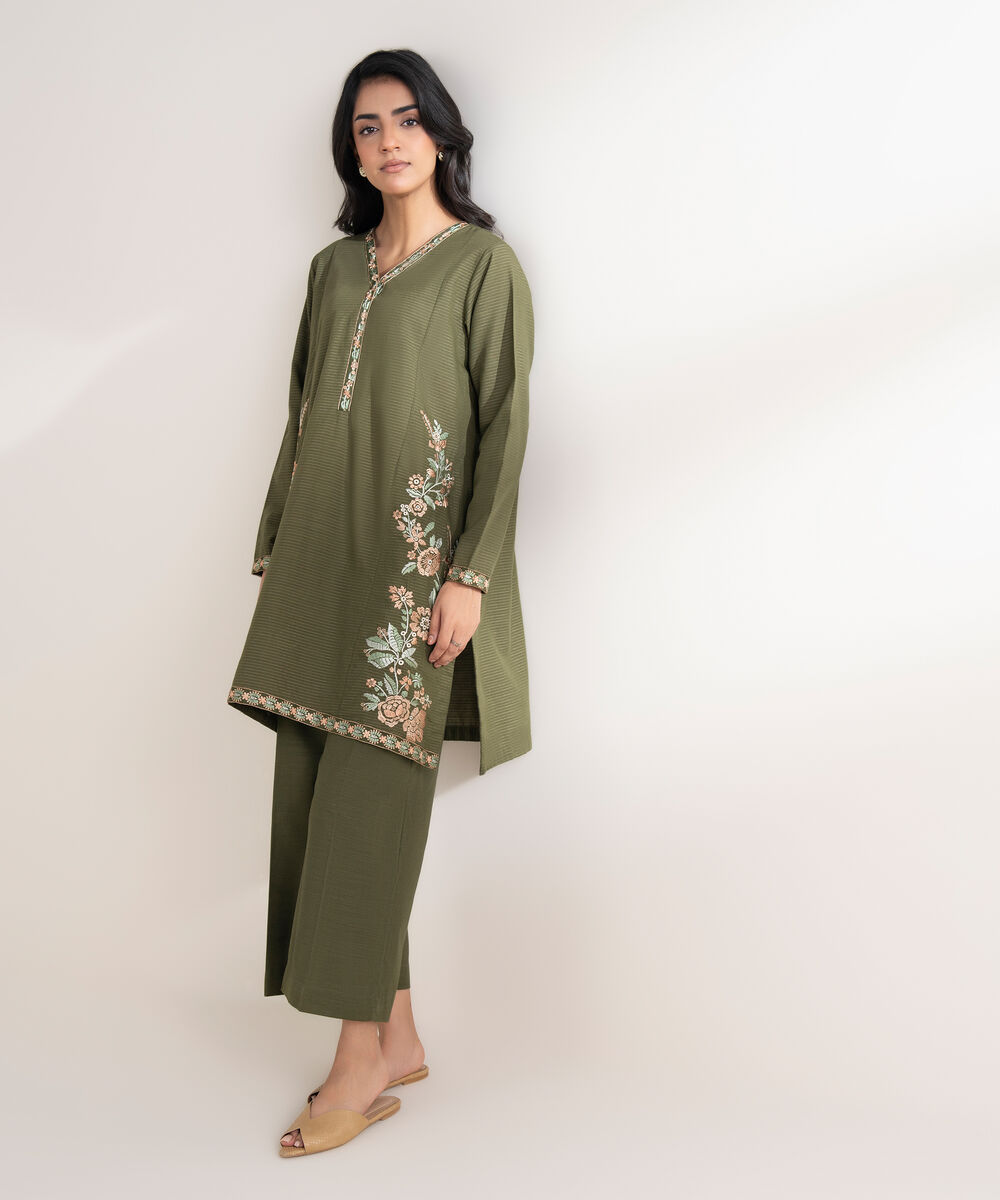 Women's RTW Zari Khaddar Embroidered Green Straight Shirt
