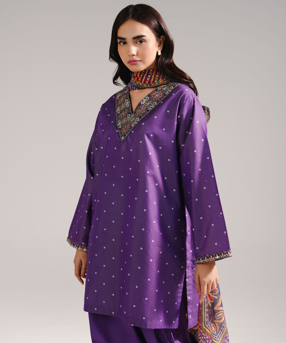 Women's RTW Zari Lawn Embroidered Purple 3 Piece Suit