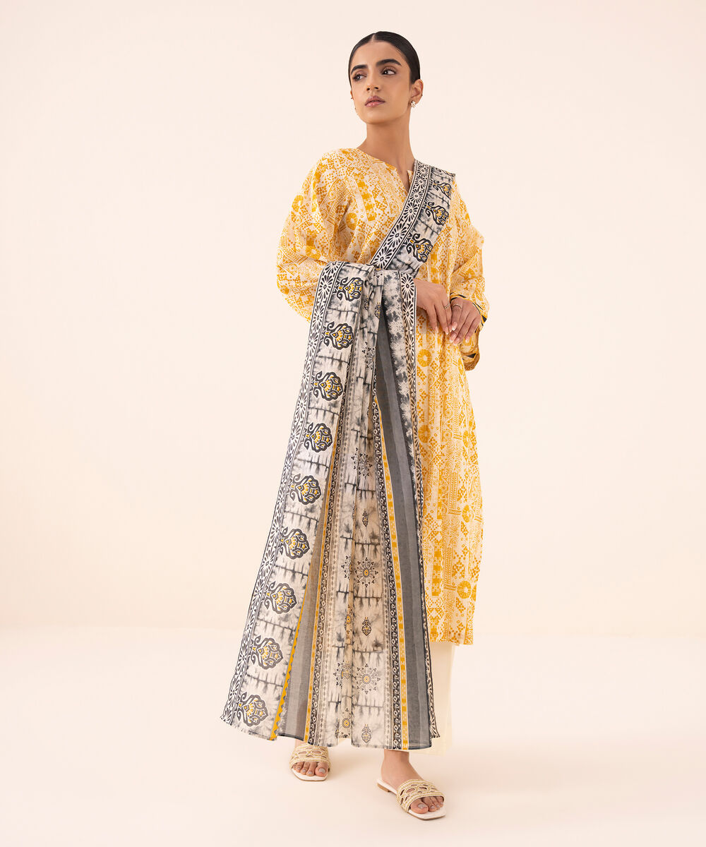 Women's Unstitched Cotton Printed Mustard Three Piece Suit