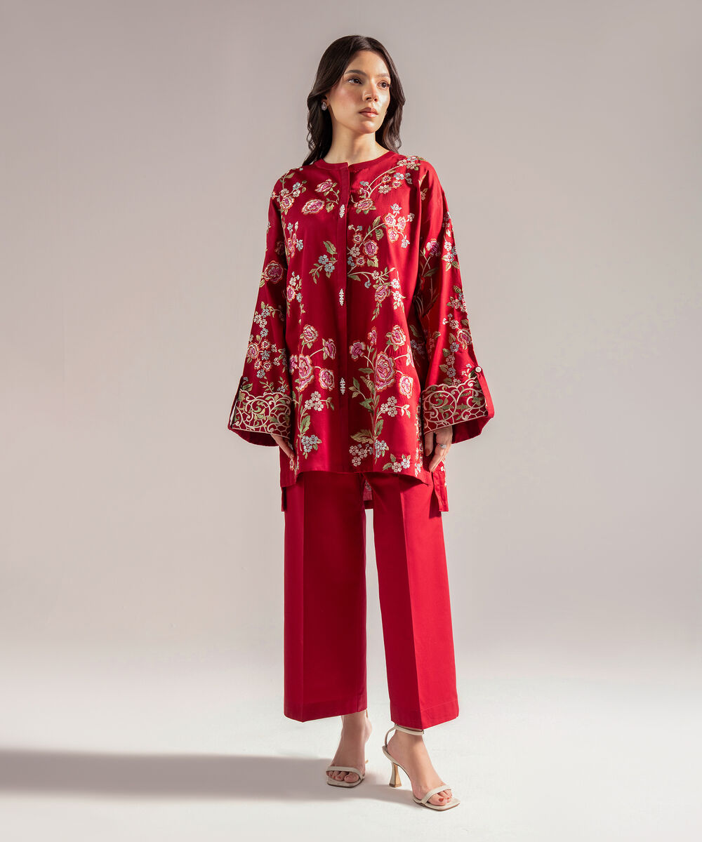 Women's RTW Cotton Satin Embroidered Maroon 2 Piece Suit
