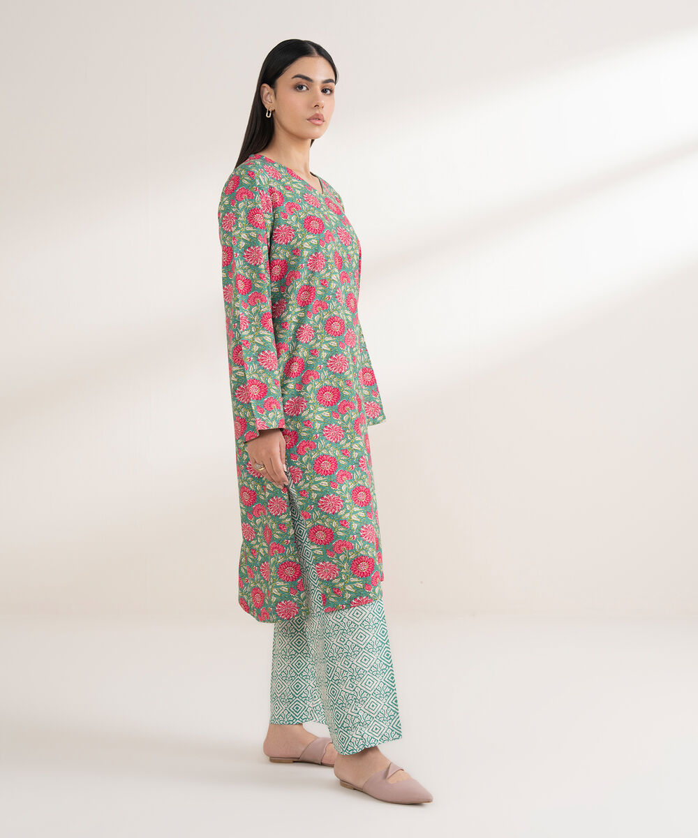 Women's RTW Arabic Khaddar Printed Straight Green Shirt