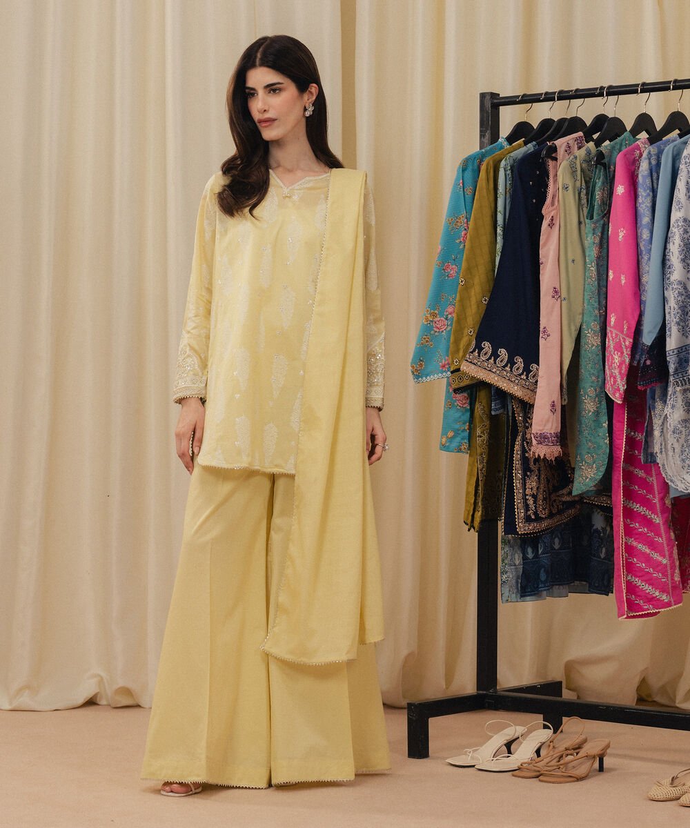 Women's RTW Lawn Embroidered Pale Yellow 3 Piece Suit