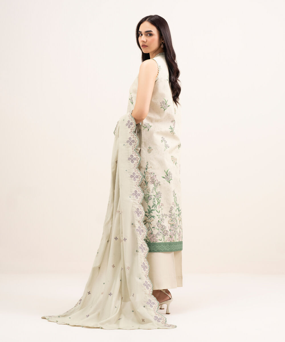 Women's Unstitched Lawn Embroidered Beige 3 Piece Suit