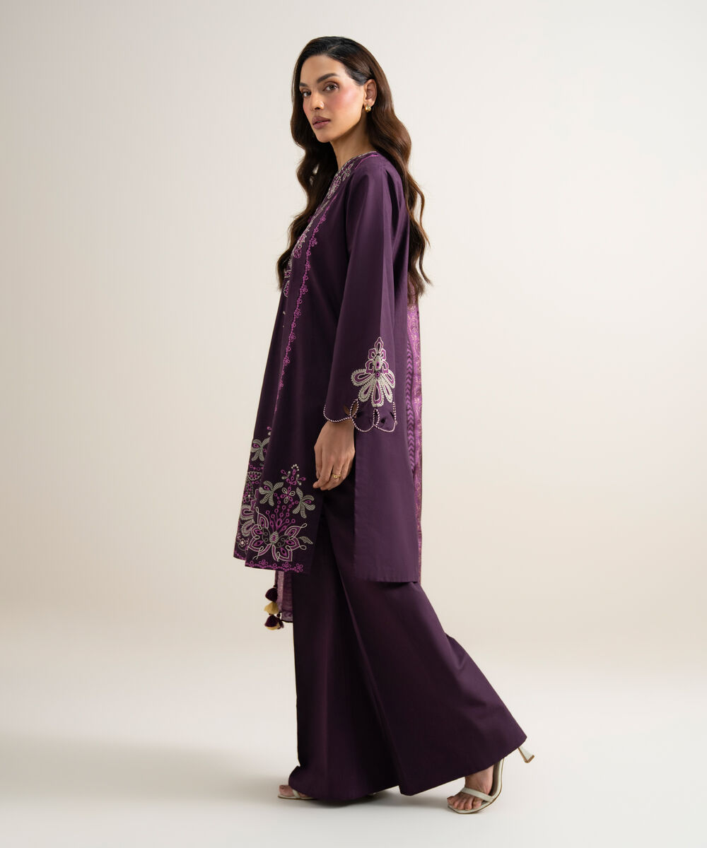 Women's Unstitched Textured Lawn Embroidered Deep Purple 3 Piece Suit