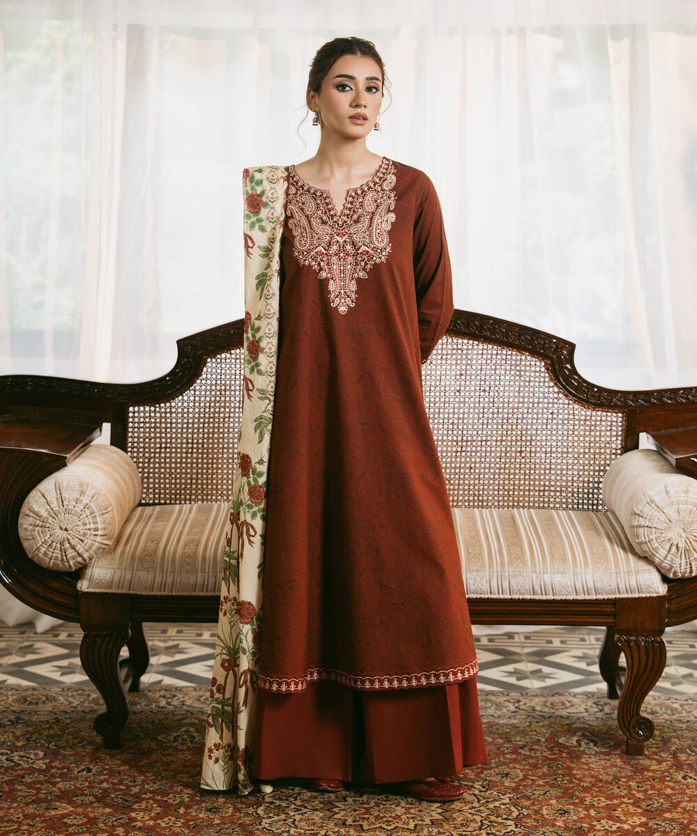 Women's Unstitched Cotton Embroidered Red 3 Piece Suit