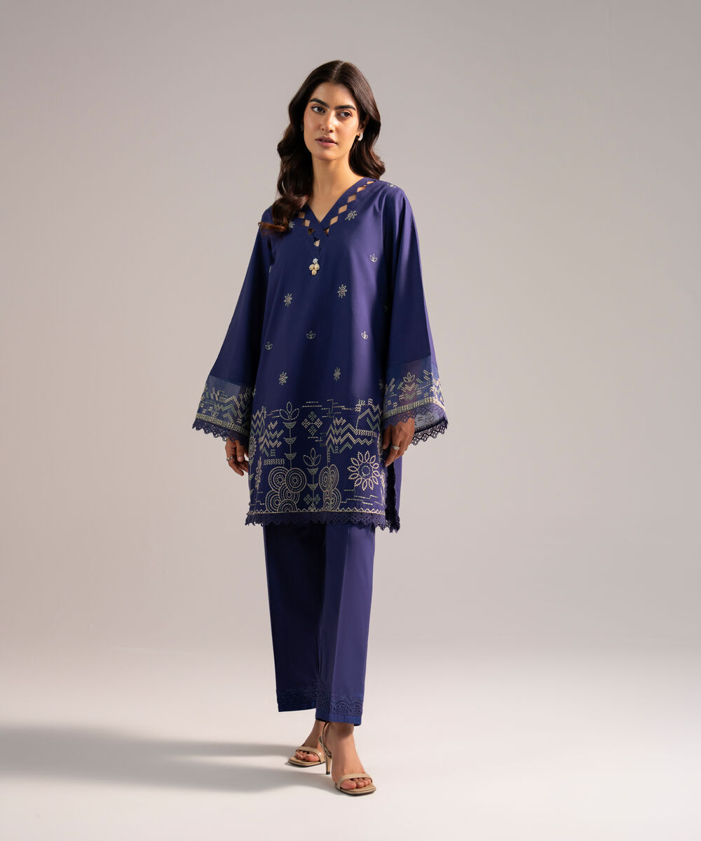 Women's RTW Cambric Embroidered Dark Blue Straight Shirt