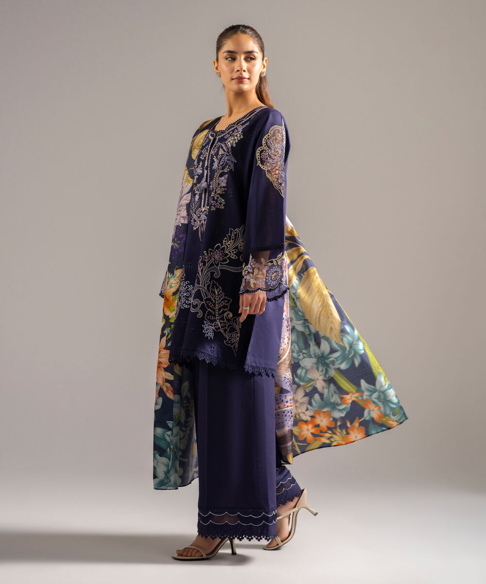 Women's RTW Slub Lawn Embroidered Dark Blue 3 Piece Suit