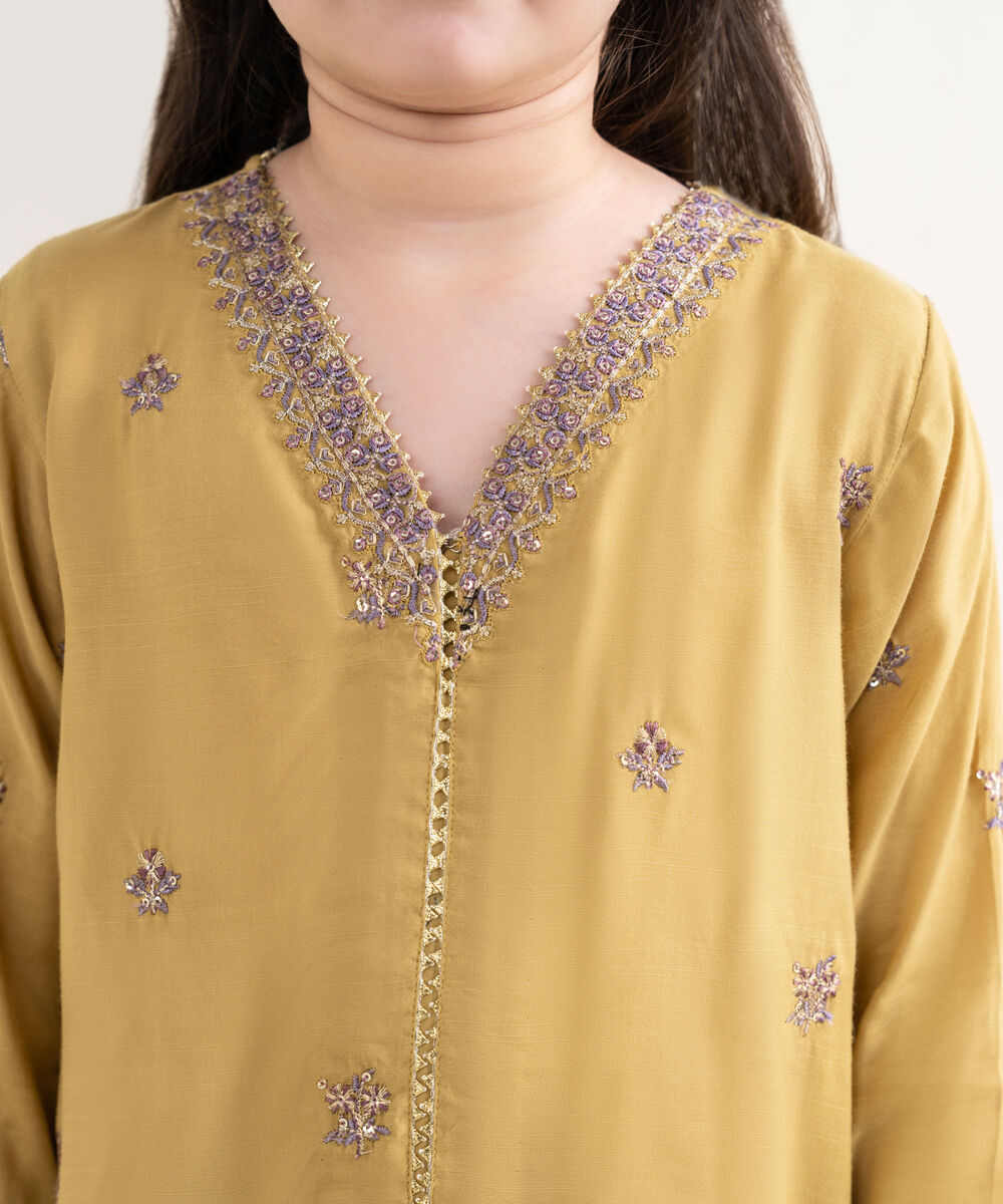 Girl's Viscose Raw Silk Yellow Embroidered 2 Piece Suit