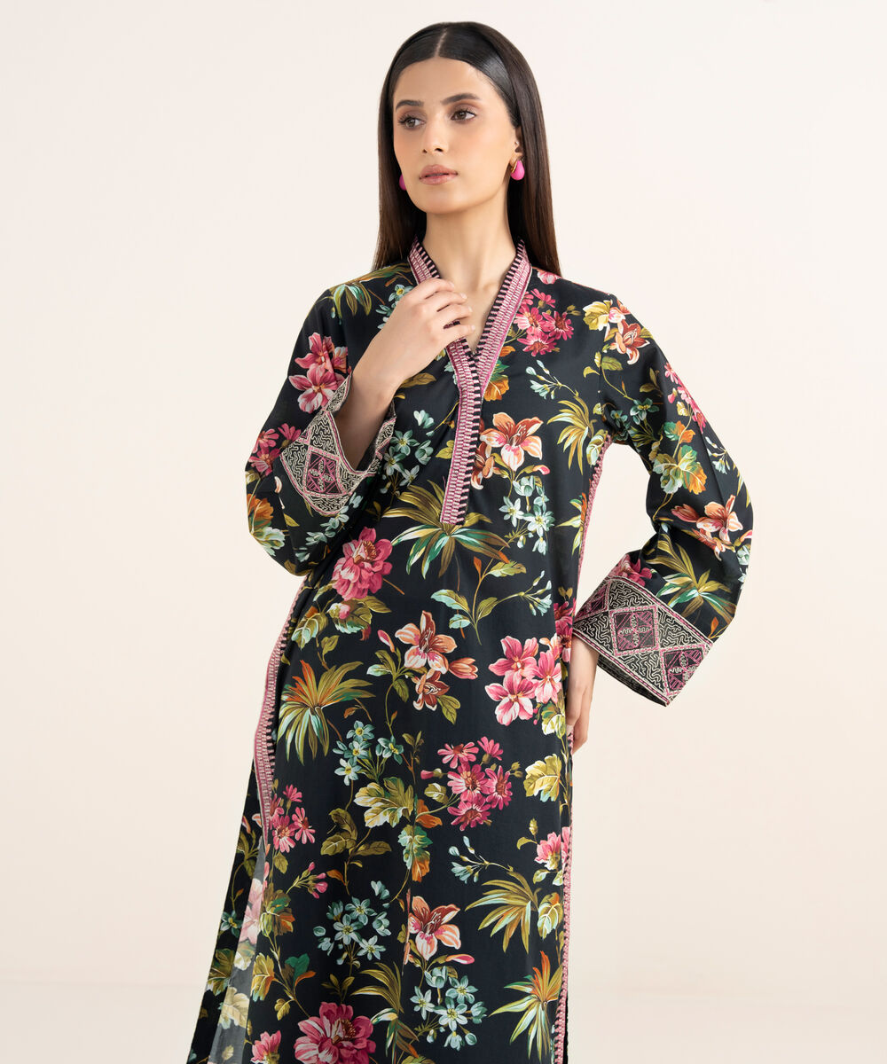 Women's RTW Textured Lawn Black Embroidered Straight Shirt