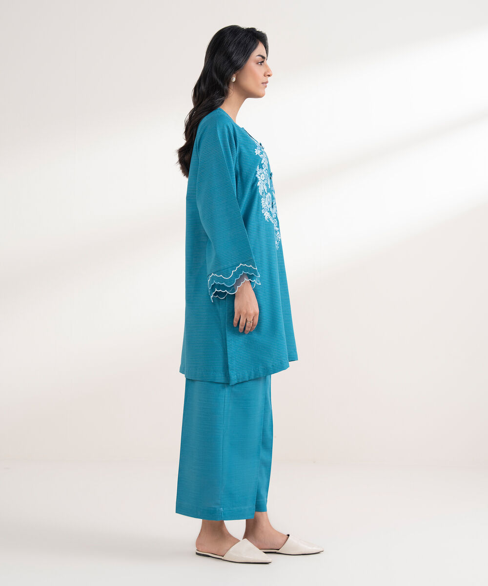 Women's RTW Zari Khaddar Embroidered Blue Straight Shirt