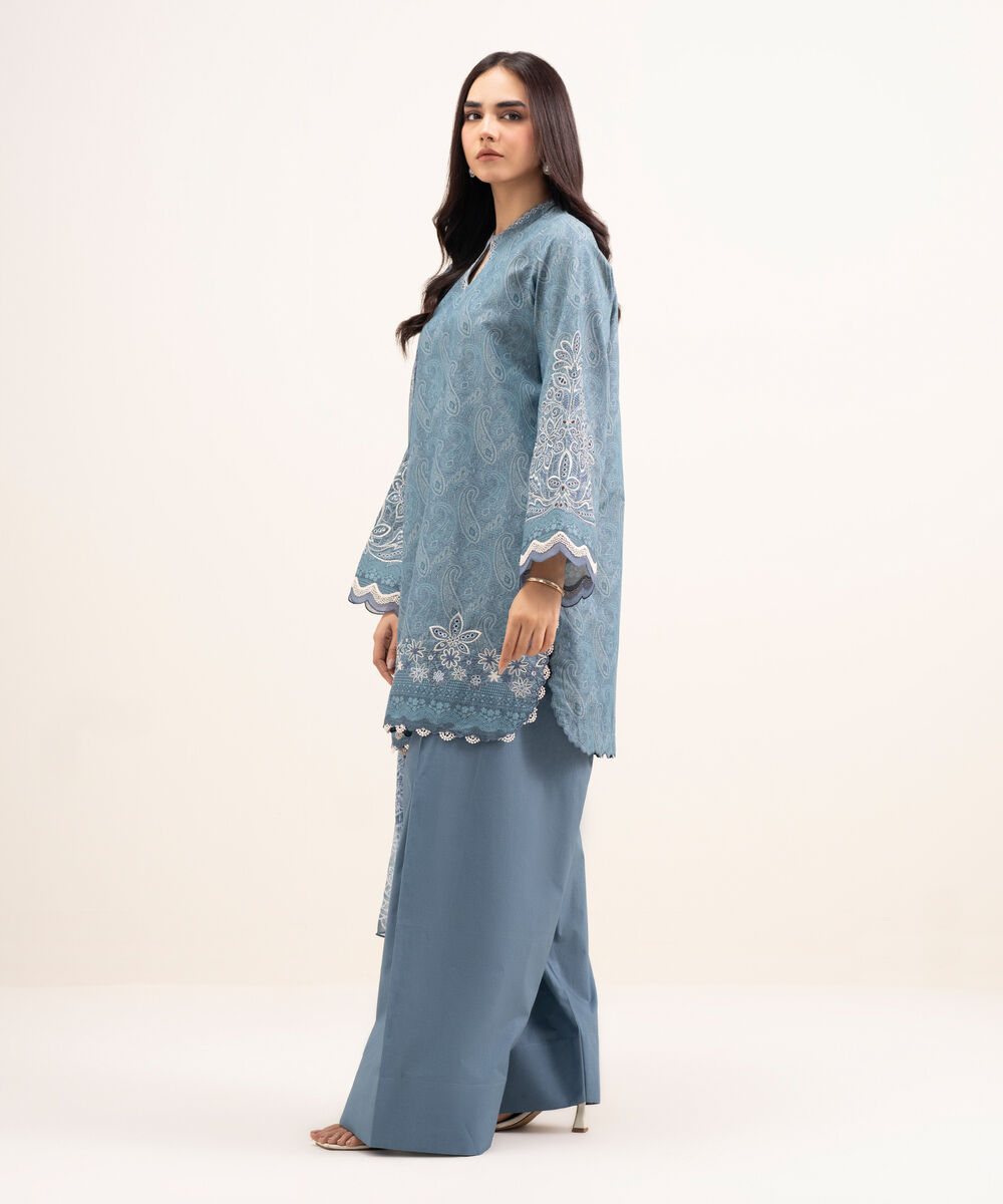 Women's Unstitched Zari Lawn Embroidered Blue 3 Piece Suit