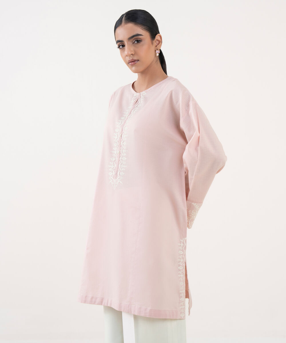 Women's RTW Textured Lawn Pink Embroidered A-Line Shirt