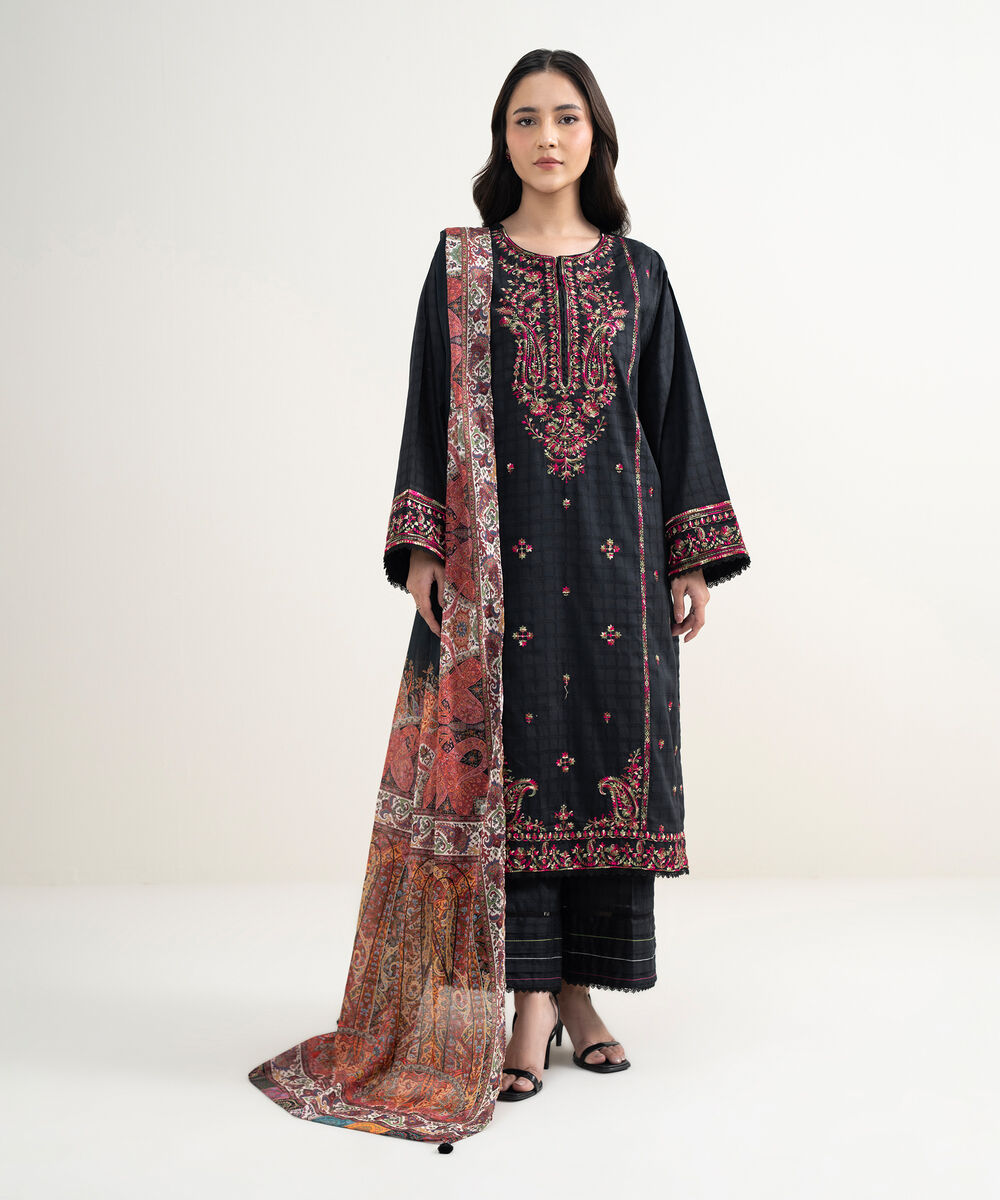 Women's RTW Dobby Embroidered Black 3 Piece Suit