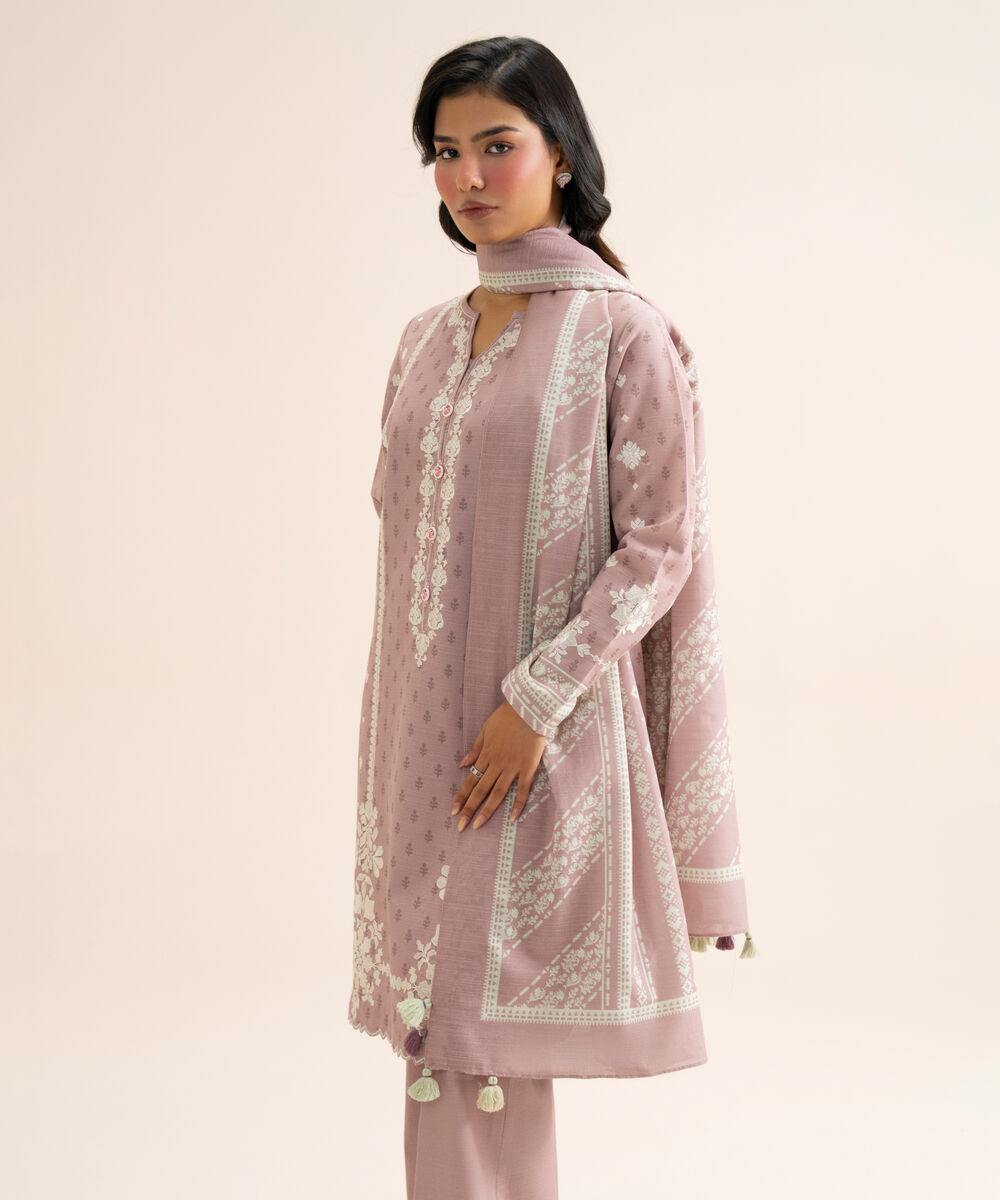 Women's Unstitched Light Khaddar Embroidered Light Mauve 3 Piece Suit