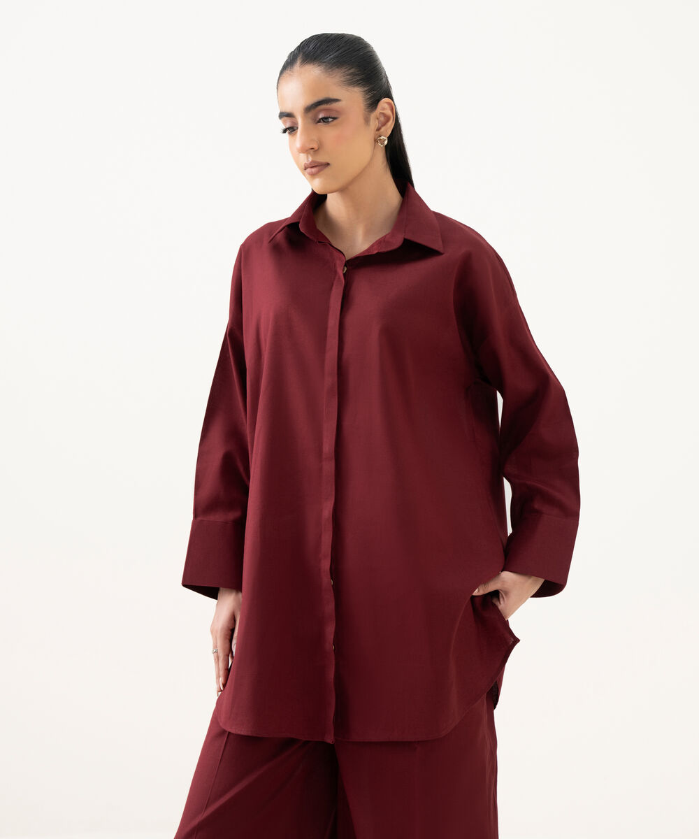 Women's RTW Cotton Linen Red Solid Button Down Shirt