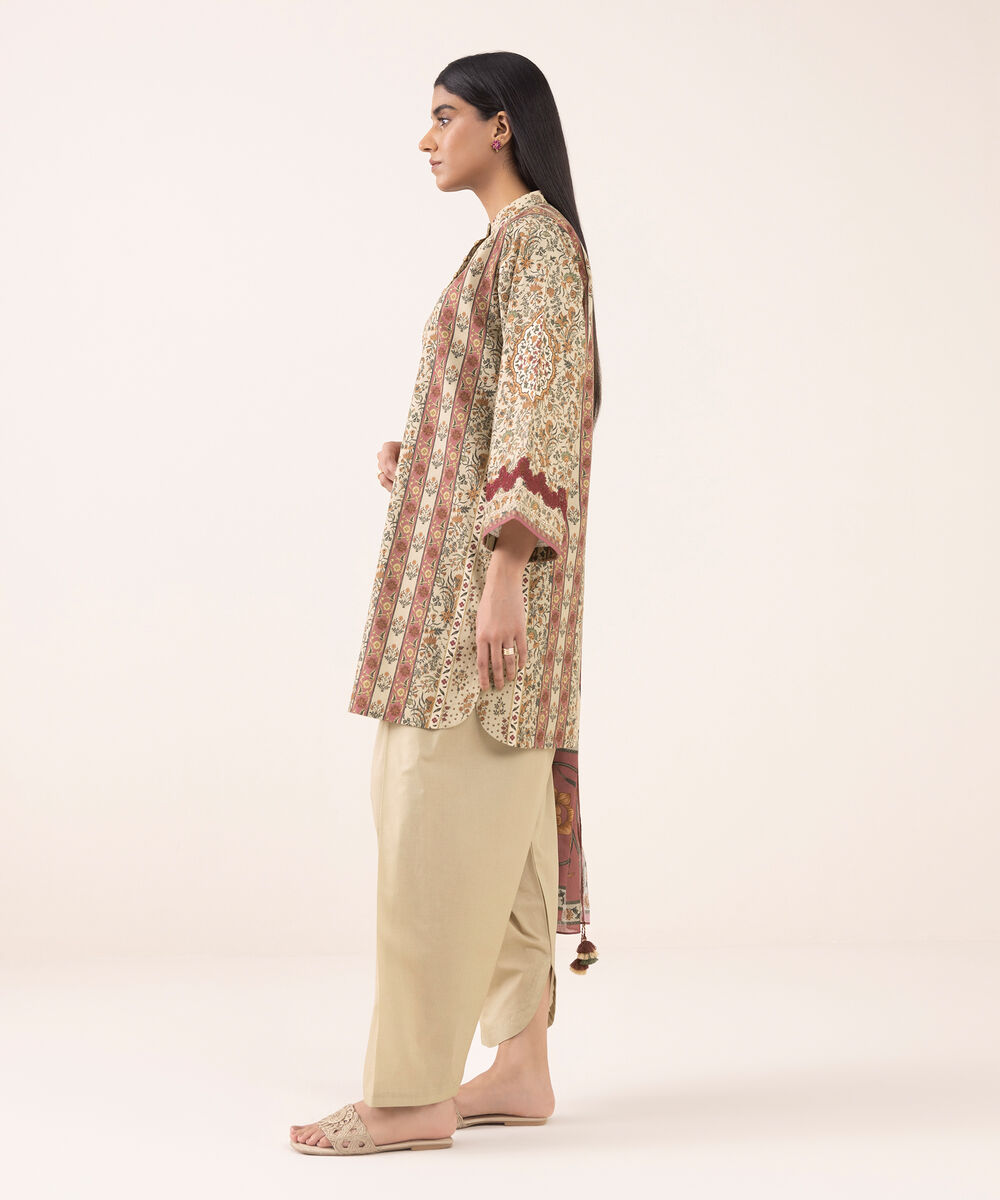 Women's Unstitched Cotton Printed Beige 3 Piece Suit