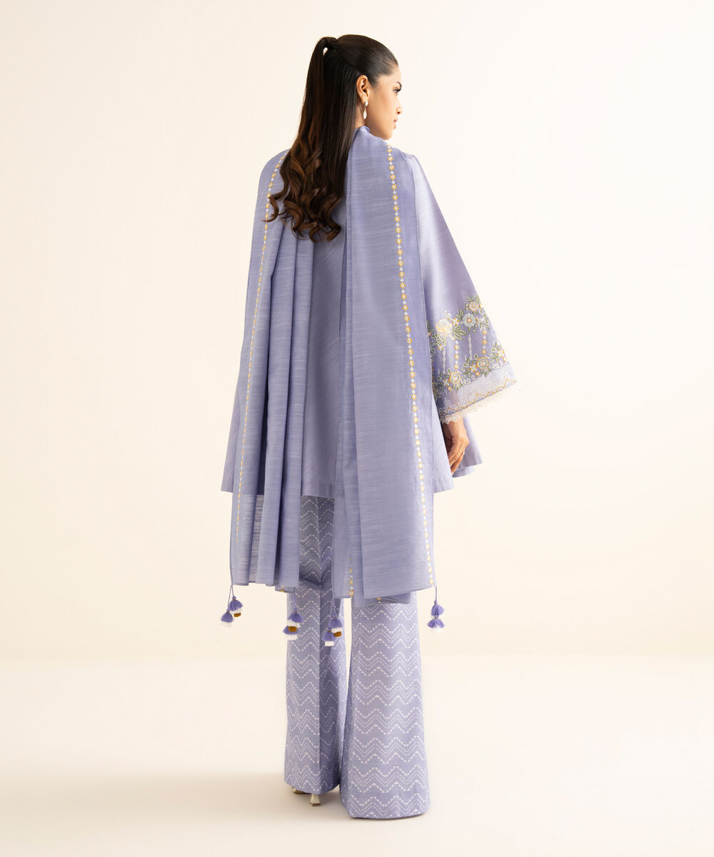 Women's Unstitched Cotton Embroidered Blue 3 Piece Suit