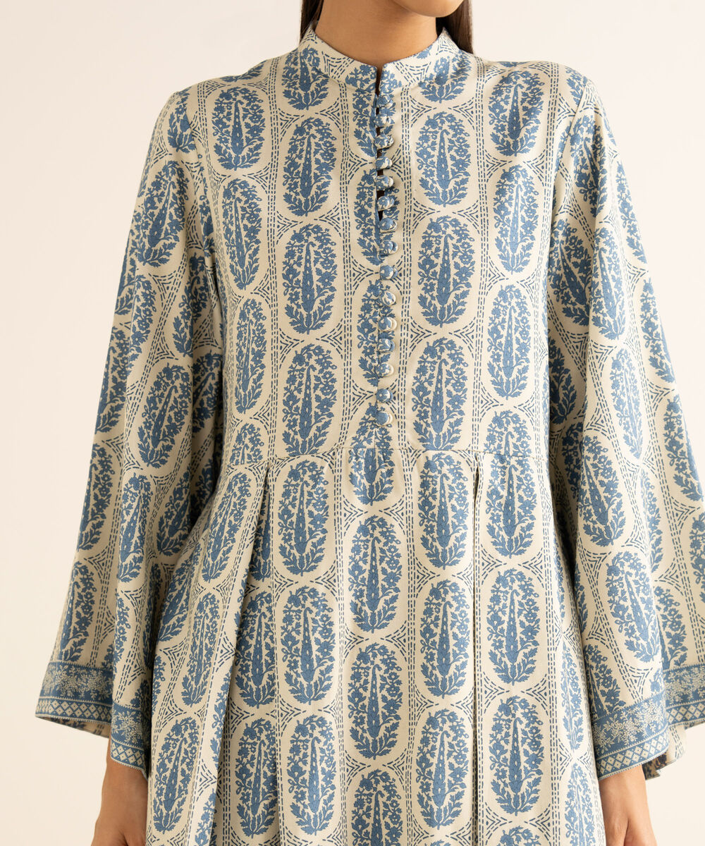 Women's Unstitched Linen Printed Blue 3 Piece Suit