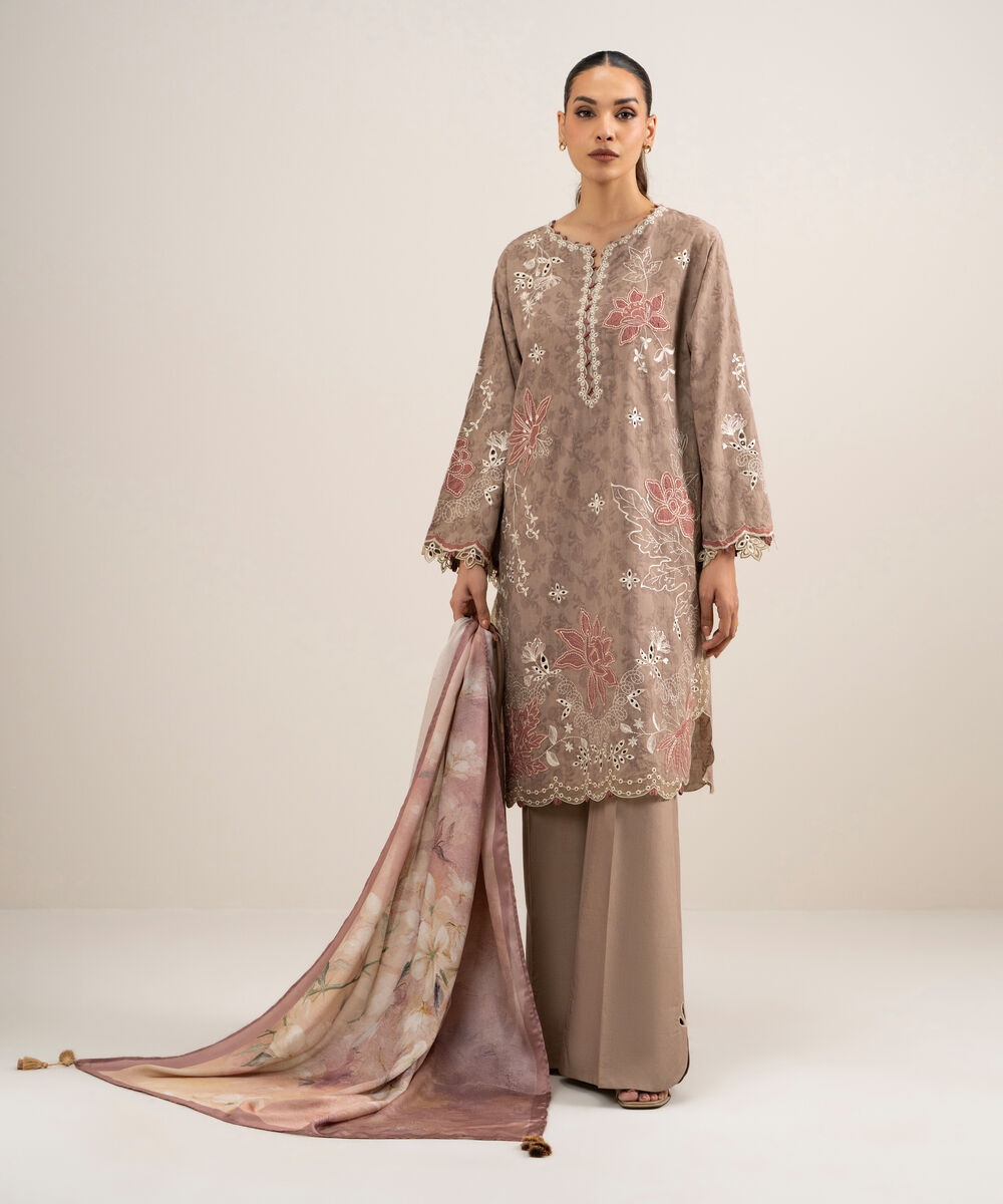 Women's Unstitched Self Jacquard Embroidered Beige 3 Piece Suit