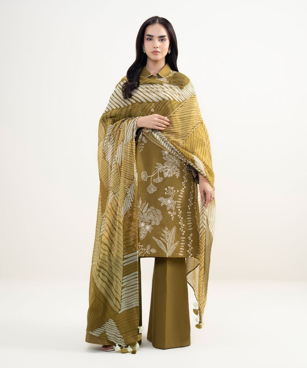 Women's Unstitched Textured Lawn Embroidered Brown 3 Piece Suit