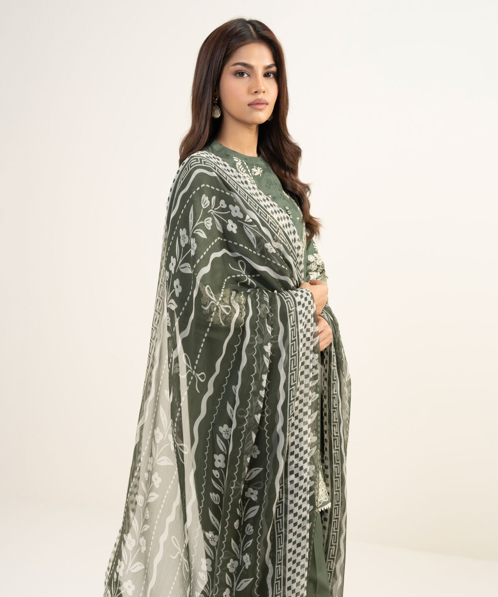 Women's Unstitched Lawn Embroidered Green 3 Piece Suit