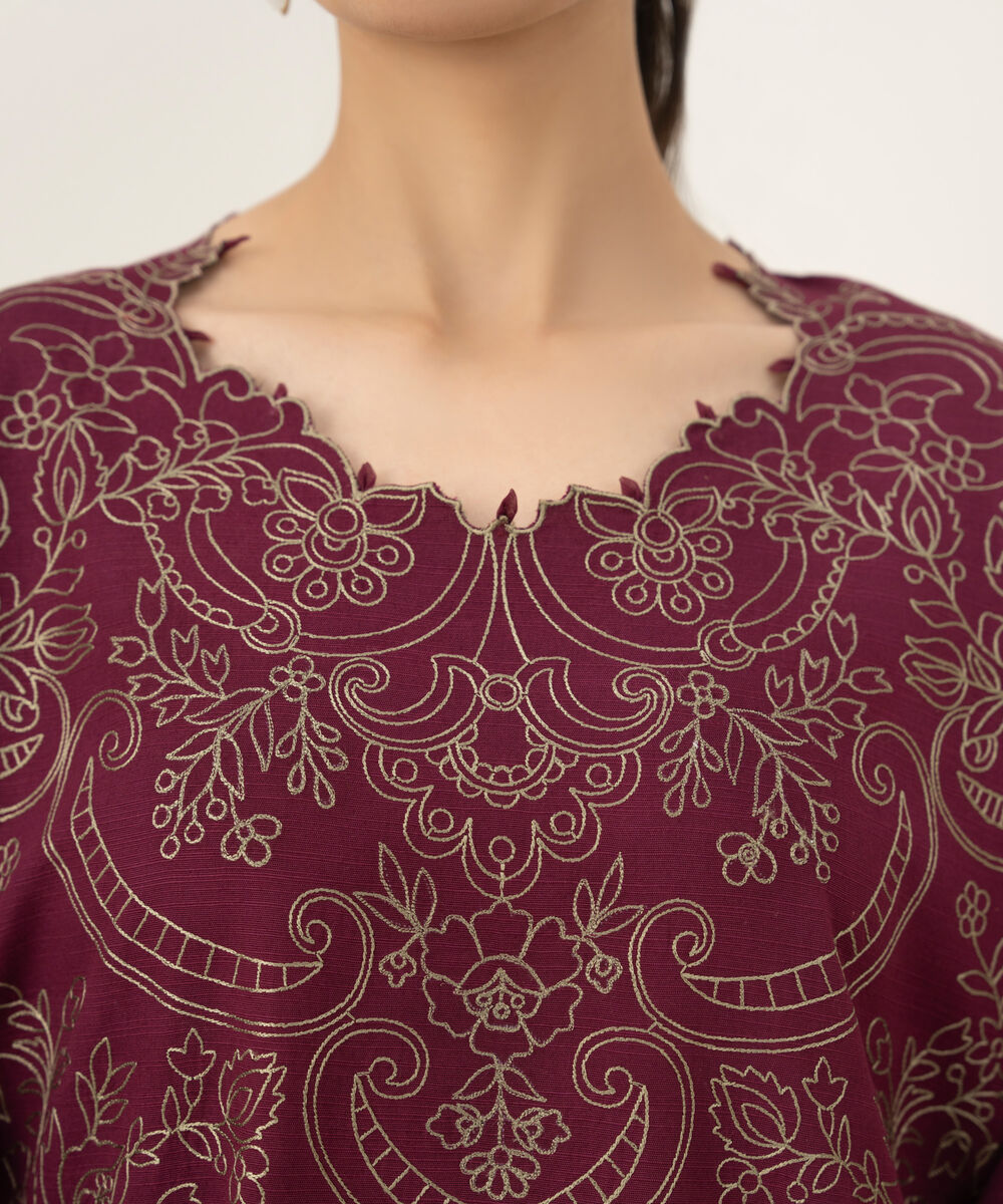 Women's Unstitched Embroidered Khaddar Plum 3 Piece Suit