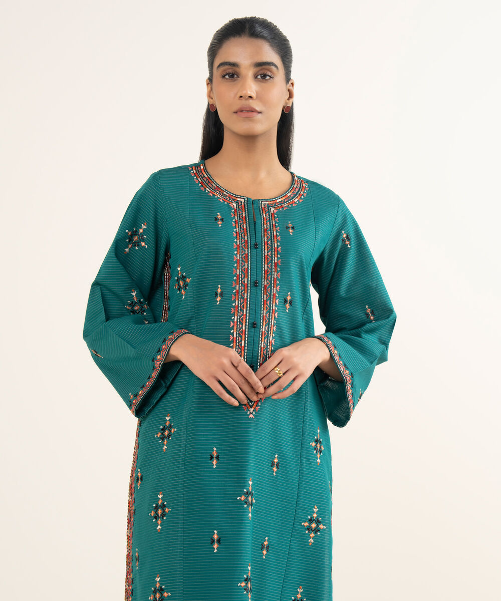 Women's RTW Fancy Textured Slub Embroidered Teal Straight Shirt