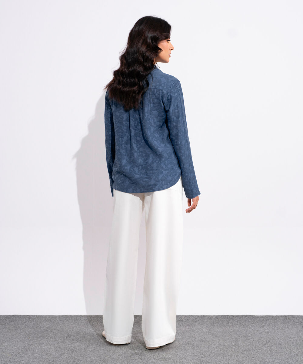 Women's Blue Textured Button Through Shirt