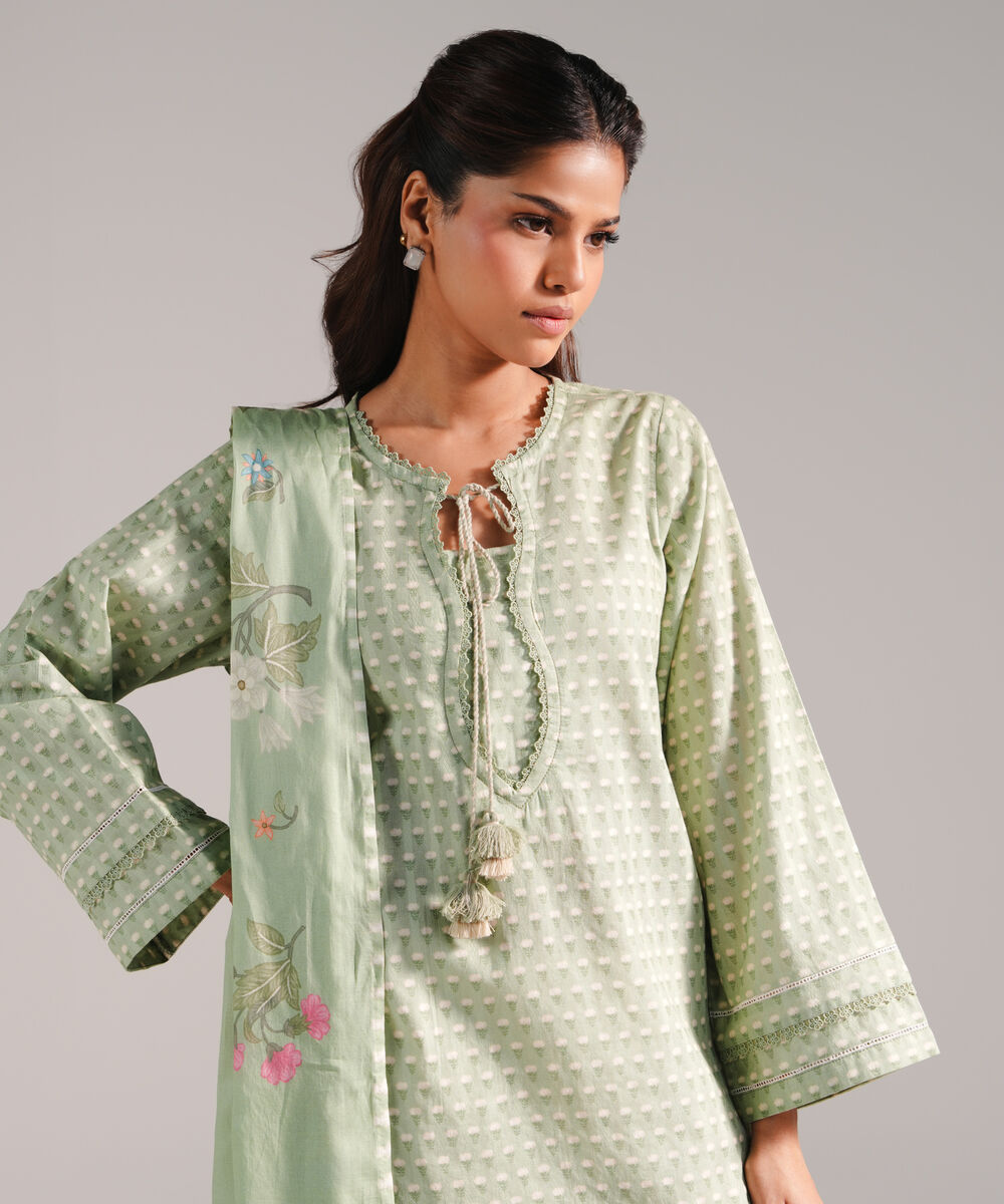 Women's RTW Dobby Printed Green 2 Piece Suit