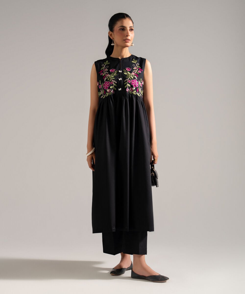 Women's RTW Dobby Embroidered Black Dress Shirt