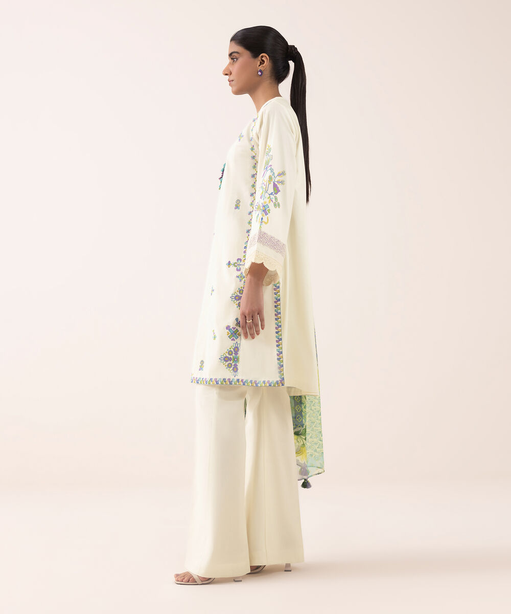 Women's Unstitched Textured Lawn Embroidered Off White 3 Piece Suit