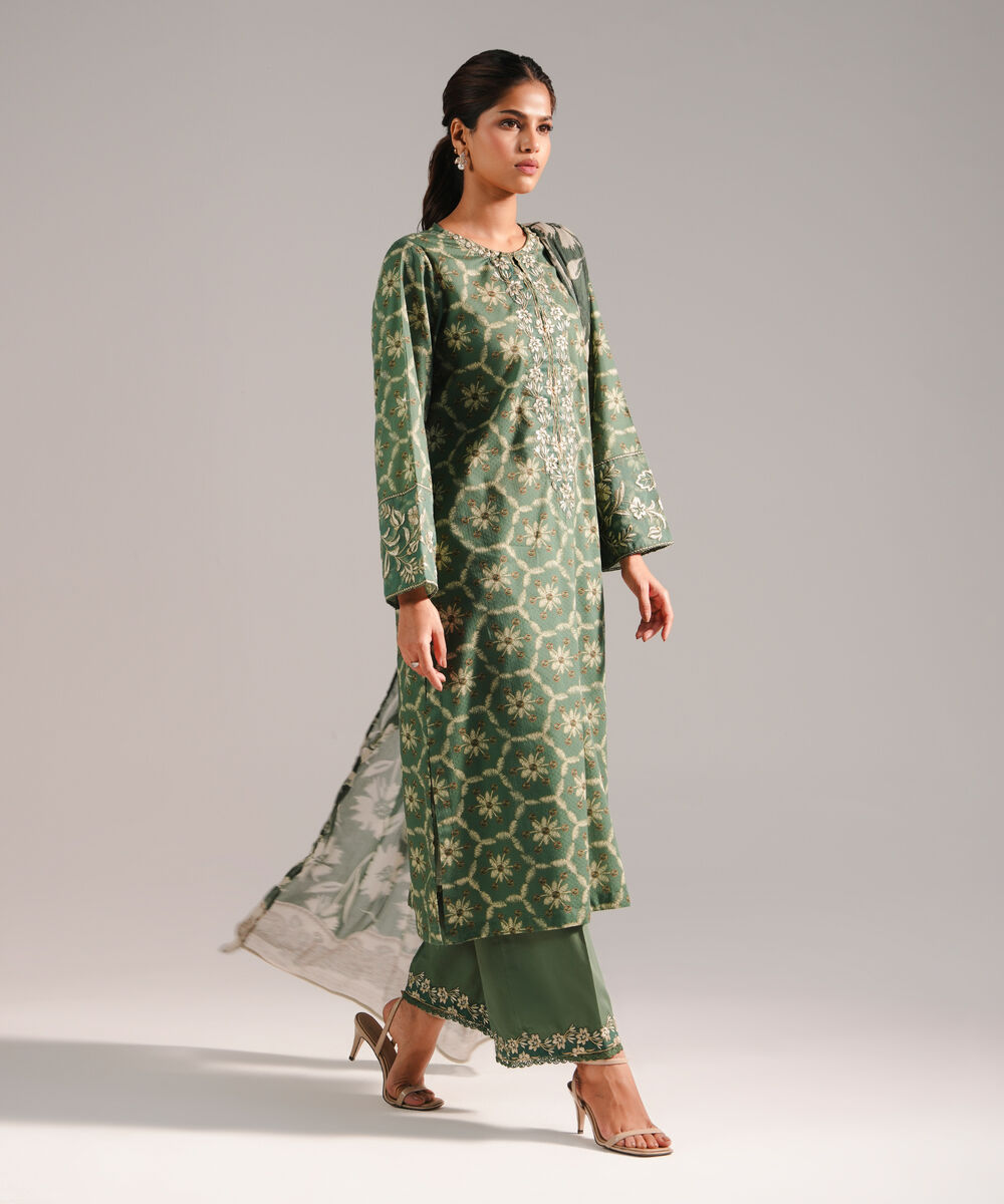 Women's RTW Dobby Embroidered Green 3 Piece Suit