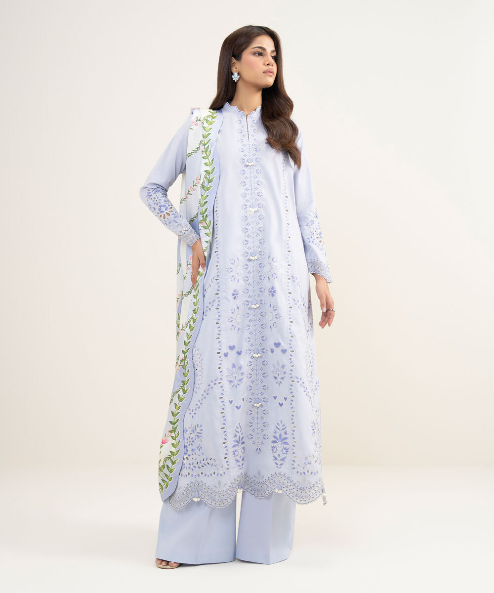 Women's Unstitched Textured Lawn Embroidered Blue 3 Piece Suit
