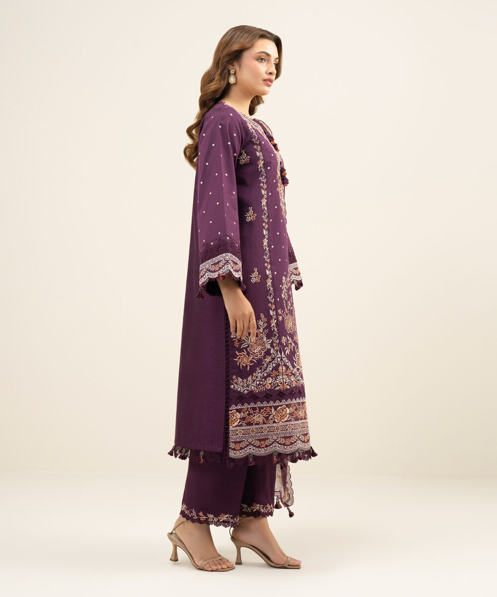 Women's Unstitched Cotton Net Embroidered Purple 3 Piece Suit