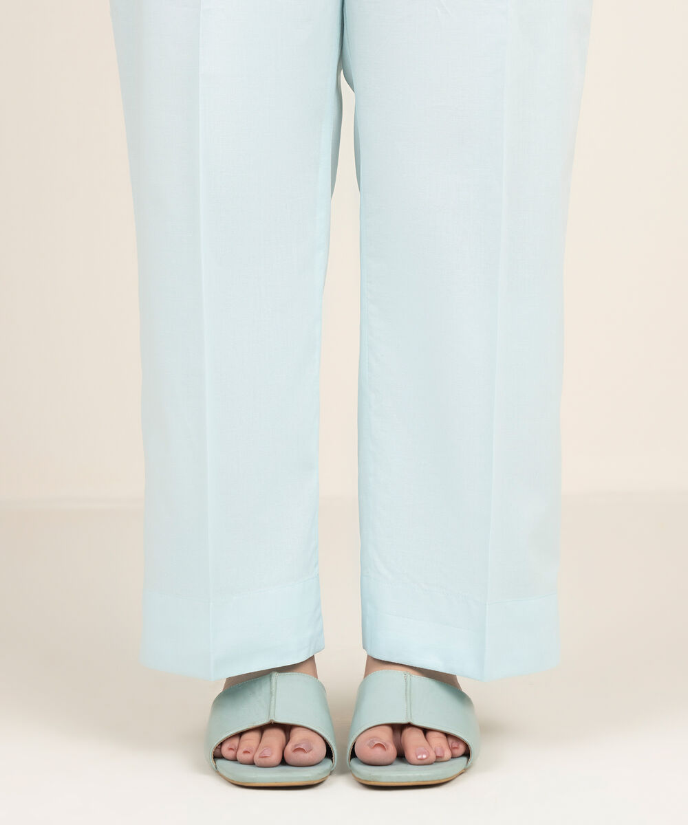 Women's RTW Cambric Solid Blue Straight Pants