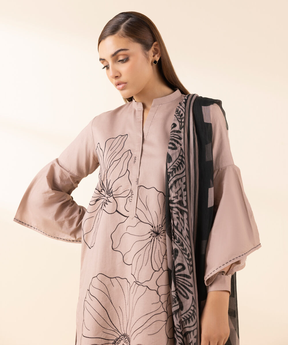 Women's Unstitched Lawn Embroidered Pink 3 Piece Suit