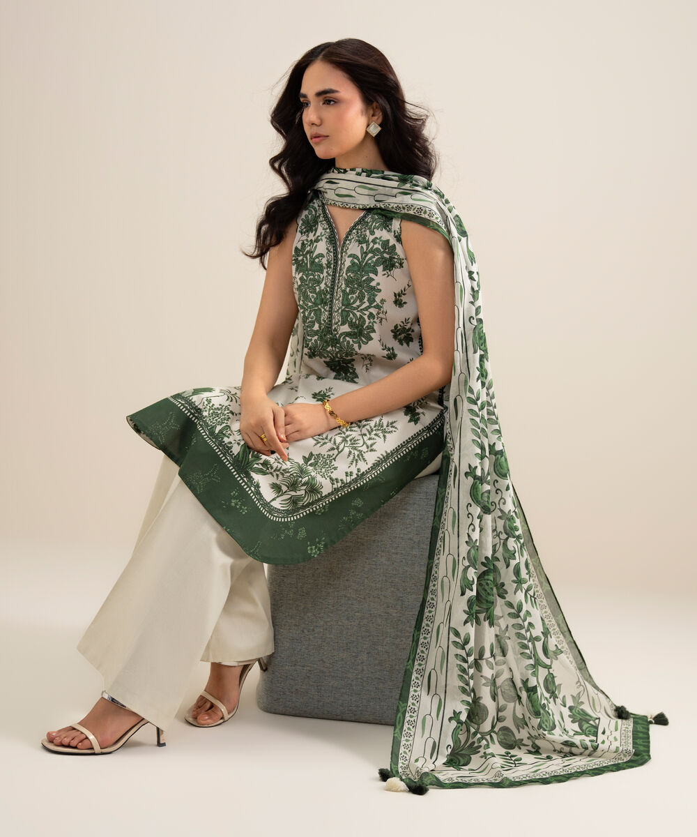 Women's Unstitched Lawn Embroidered Green and Off White  3 Piece Suit