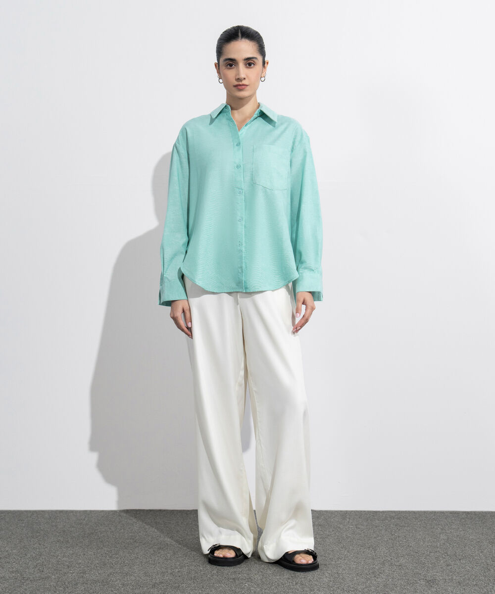 Women's Western Wear Green Loose-Fit Oxford Shirt