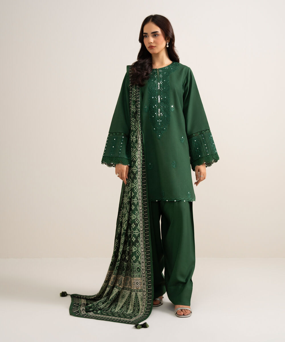 Women's Unstitched Embroidered Linen Green 3 Piece Suit