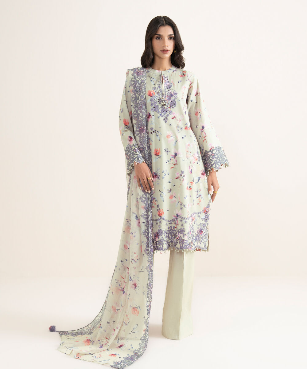 Women's Unstitched Lawn Embroidered Multi 3 Piece Suit