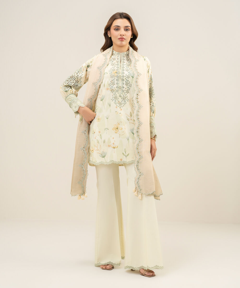 Women's Unstitched Cotton Jacquard Embroidered Off White 3 Piece Suit