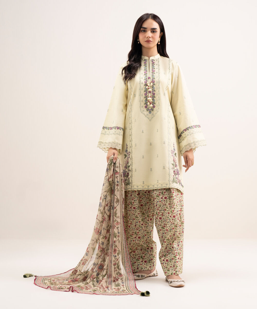 Women's Unstitched Textured Lawn Embroidered Off White 3 Piece Suit