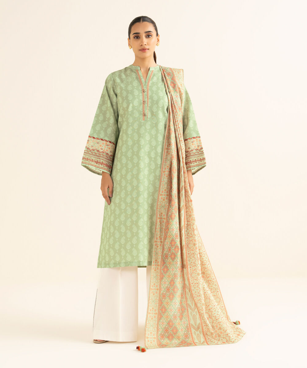 Women's Unstitched Cotton Embroidered Green 2 Piece Suit