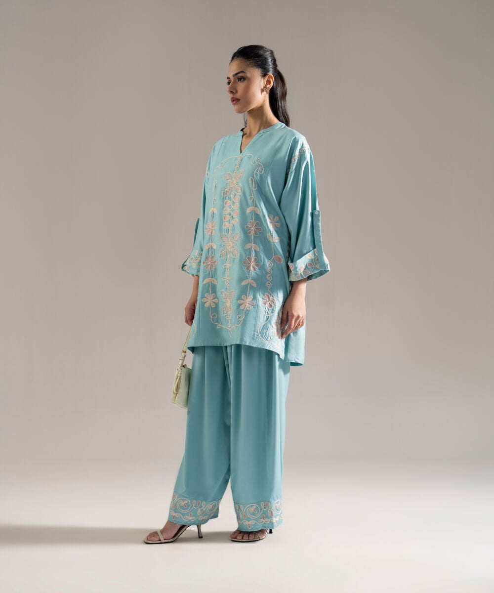 Women's RTW Viscose Marina Solid Embroidered Blue Drop Shoulder Shirt