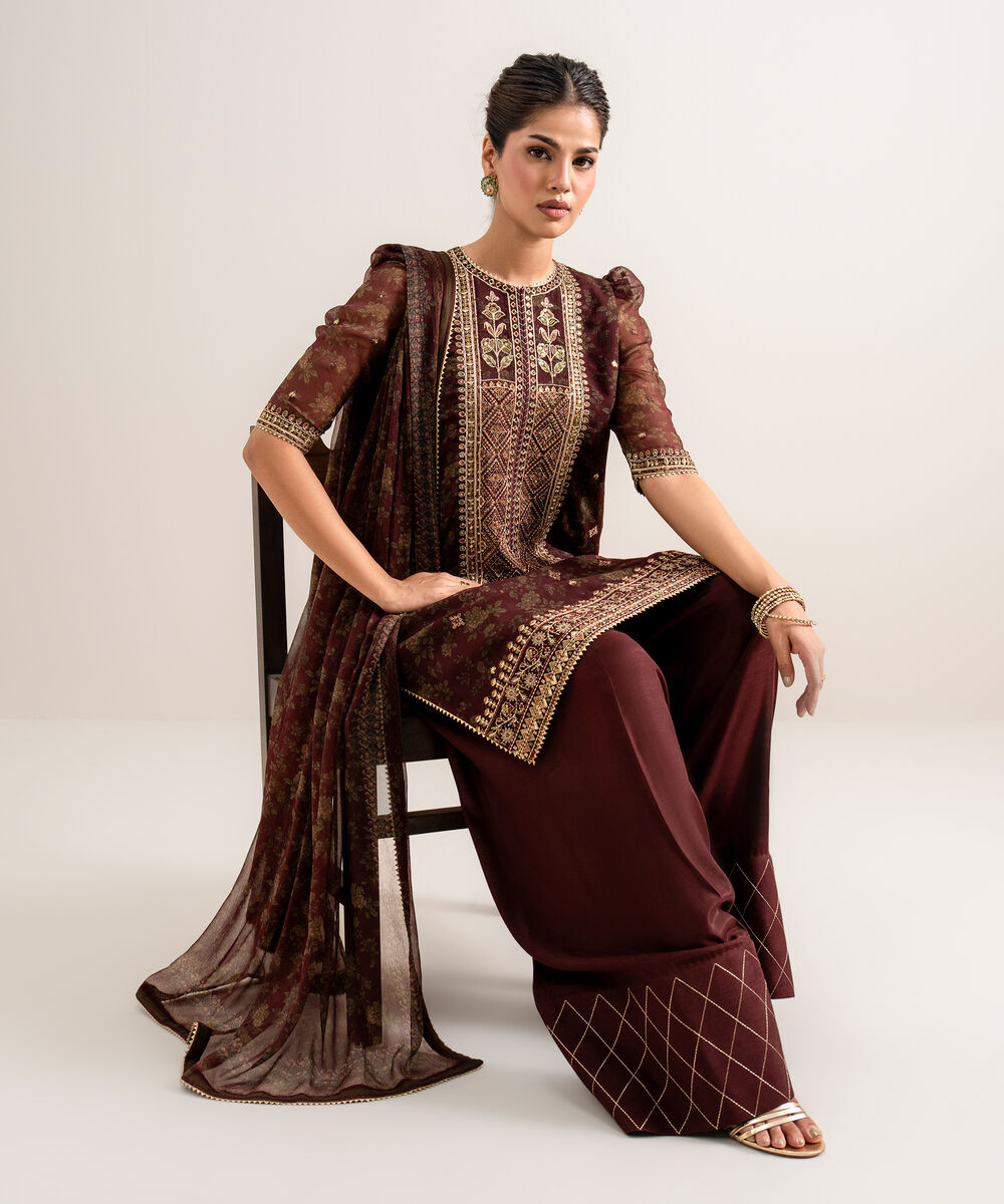 Women's Unstitched Embroidered Blended Chiffon Red 3 Piece Suit