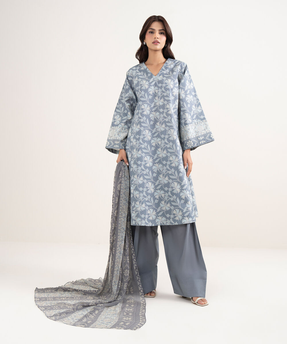 Women's Unstitched Lawn Grey Printed 3 Piece Suit