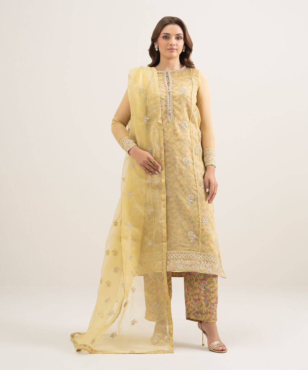 Women's RTW Blended Organza Embroidered Yellow 3 Piece Suit