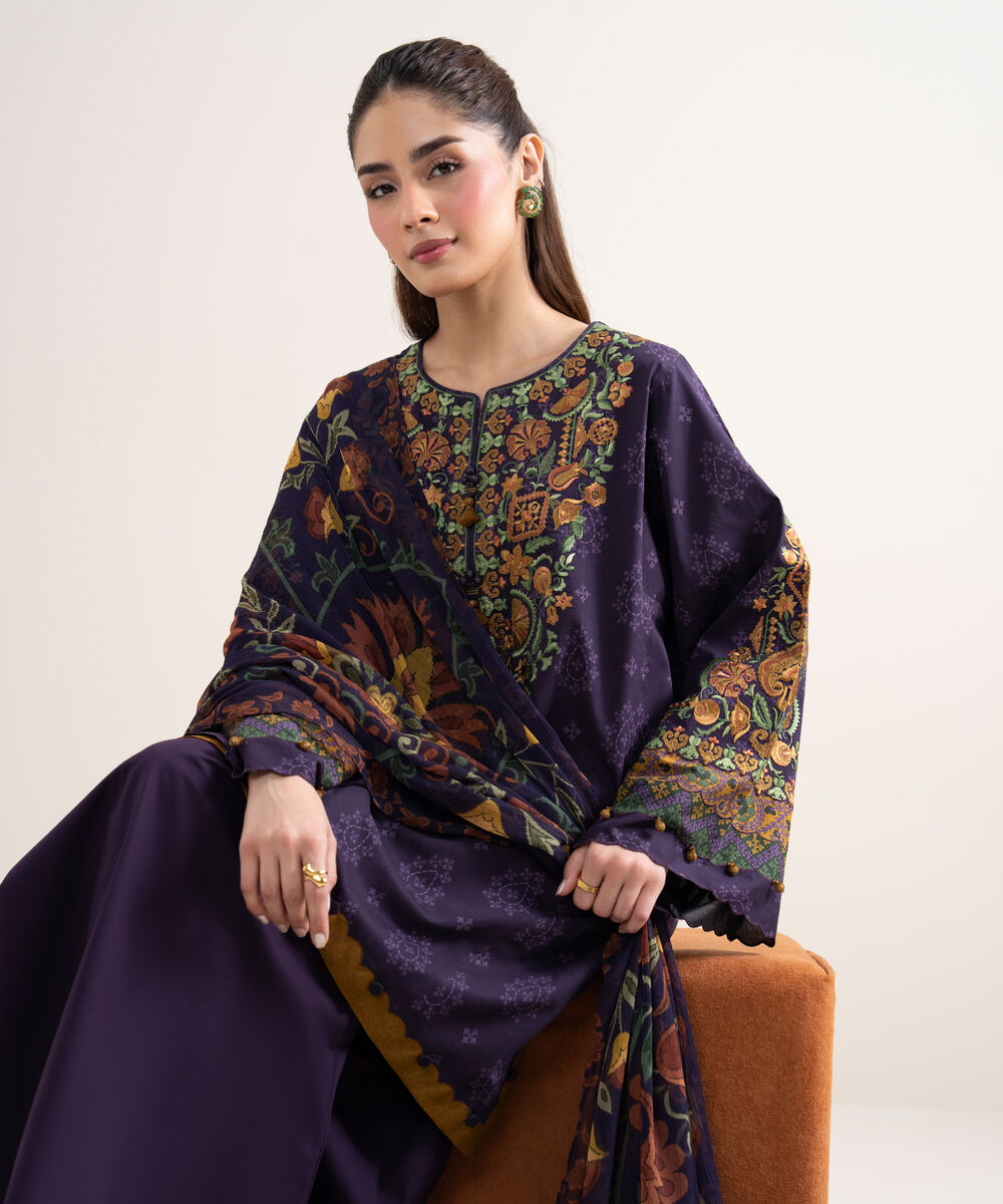 Women's Unstitched Lawn Embroidered Purple 3 Piece Suit