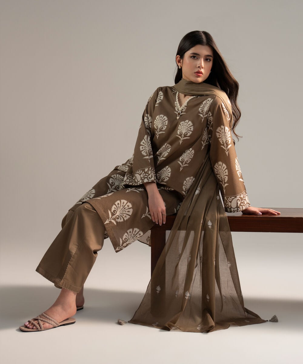 Women's RTW Lawn Printed Dark Beige 3 Piece Suit