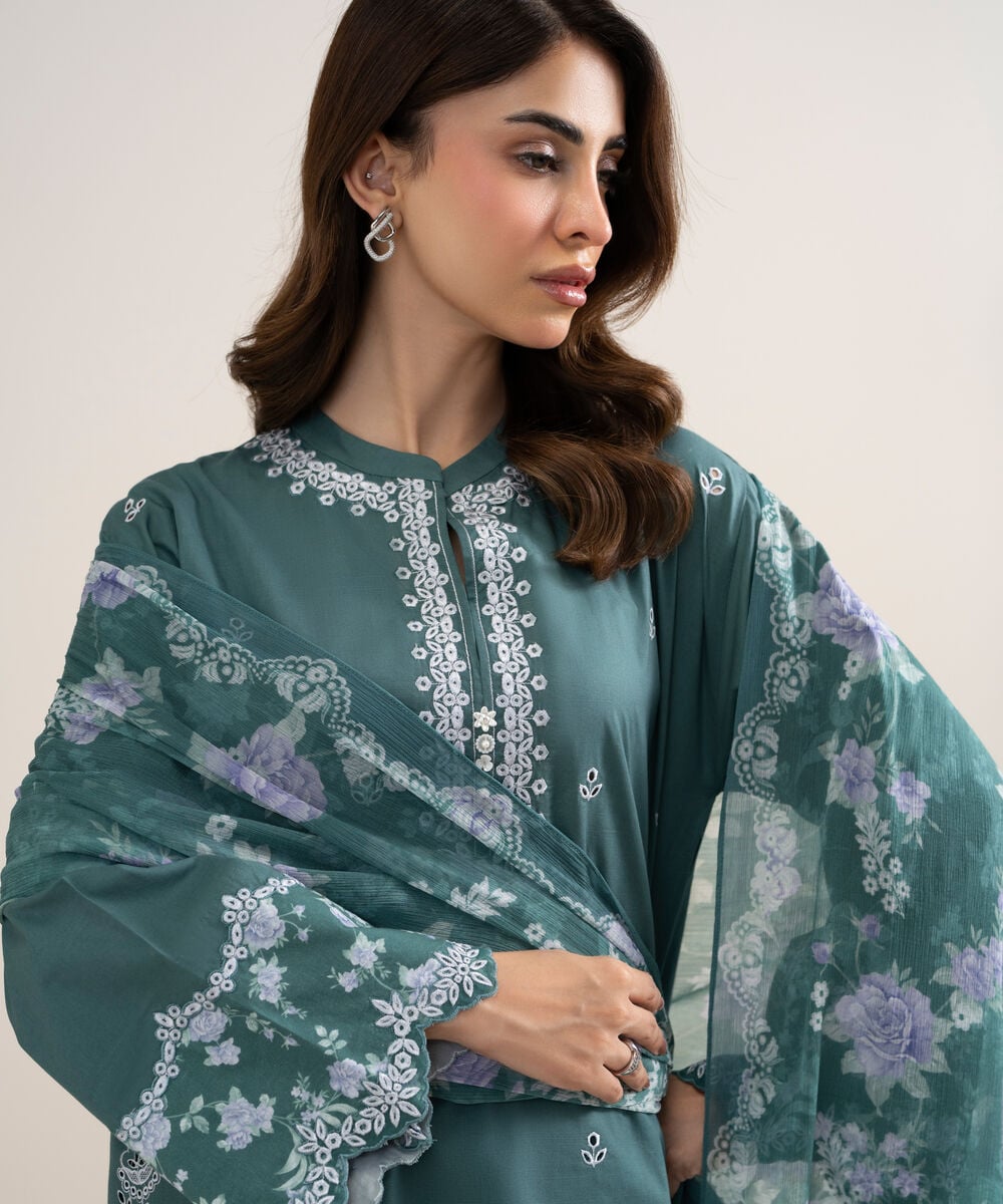 Women's Unstitched Dobby Embroidered Green 3 Piece Suit